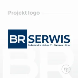 Projekt logo firmy BR Serwis, z niebieskim kwadratem i białymi literami BR, obok napis SERWIS oraz Profesjonalna obsługa IT - Naprawa - Druk. W tle delikatny, szary wzór.