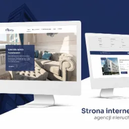 Dwa monitory wyświetlające stronę internetową agencji nieruchomości z eleganckim wnętrzem i ofertami apartament&oacute;w, na tle abstrakcyjnej grafiki w odcieniach granatu.
