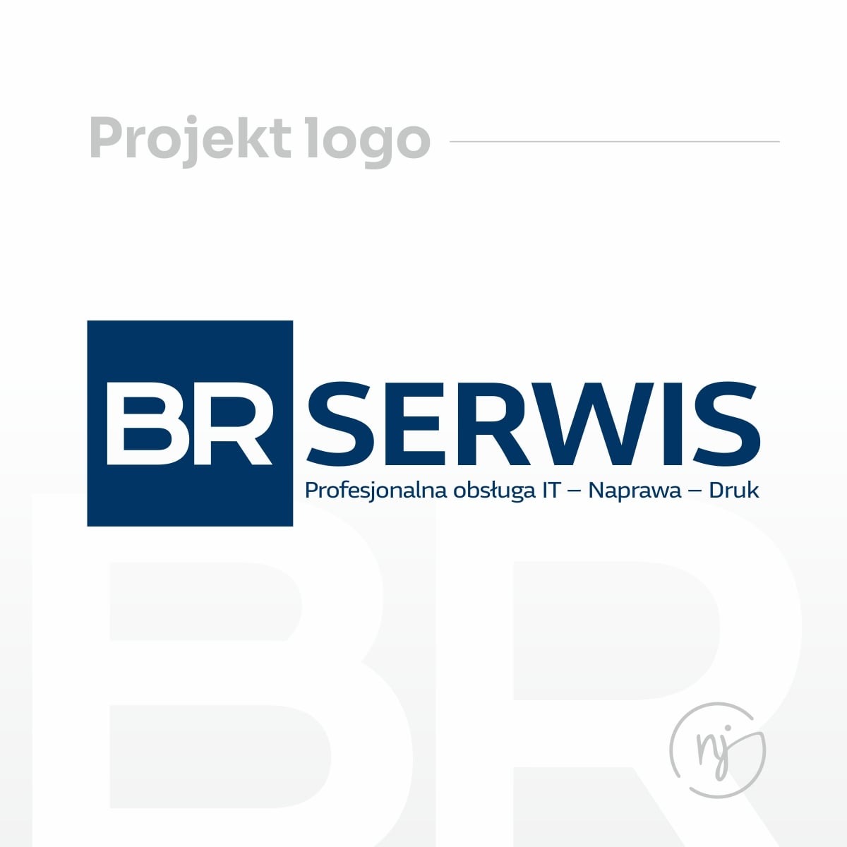 Projekt logo firmy BR Serwis, z niebieskim kwadratem i białymi literami BR, obok napis SERWIS oraz Profesjonalna obsługa IT - Naprawa - Druk. W tle delikatny, szary wzór.