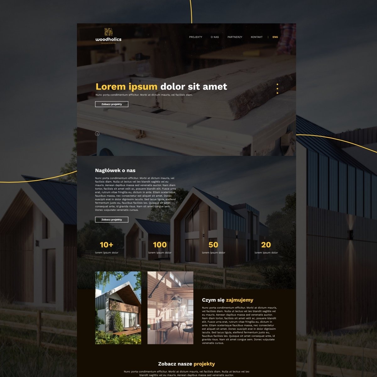 Strona internetowa firmy Woodholics prezentująca projekty domów w nowoczesnym stylu, z ciemnym tłem i elementami drewna, z widocznym logo w lewym górnym rogu.