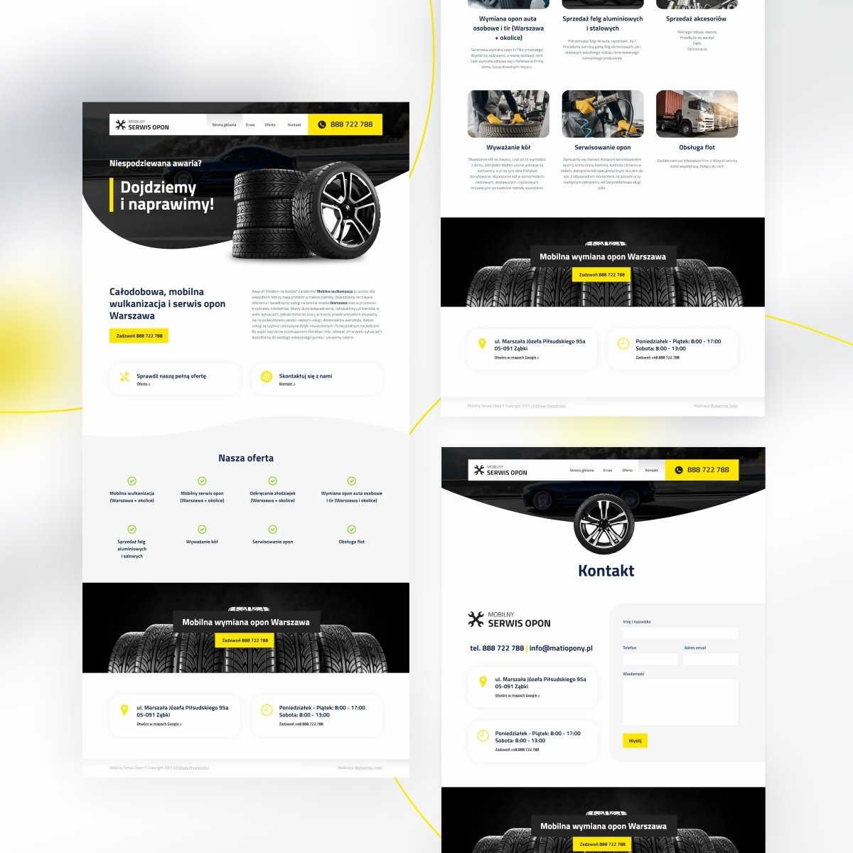 Projekt strony internetowej mobilnego serwisu opon z ciemnym tłem, prezentujący stos opon i felg, hasło 'Dojdziemy i naprawimy!' oraz informacje kontaktowe.
