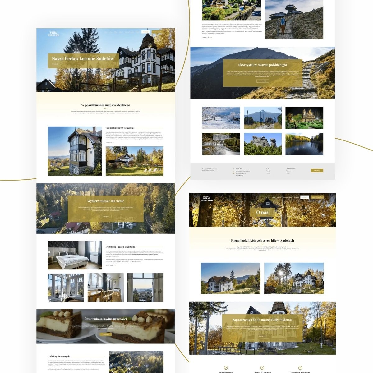 Projekt strony internetowej prezentujący pensjonat w Sudetach, z widokami na góry, pokojami i daniami serwowanymi na śniadanie, utrzymany w stonowanej kolorystyce z elementami złota.