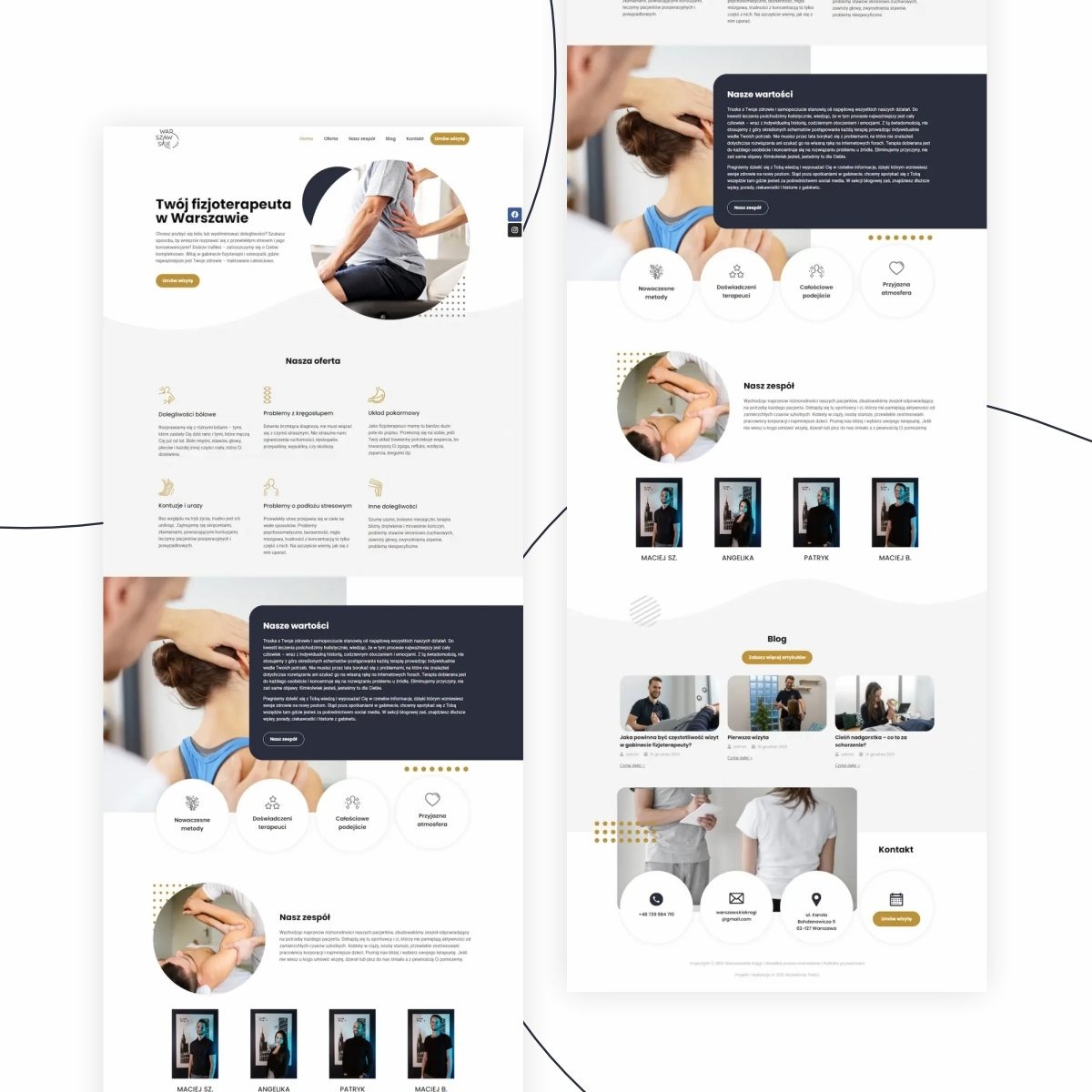 Zrzut ekranu strony internetowej fizjoterapeuty z Warszawy, prezentujący ofertę, zespół i wartości firmy, z nowoczesnym designem i czytelnym układem treści.