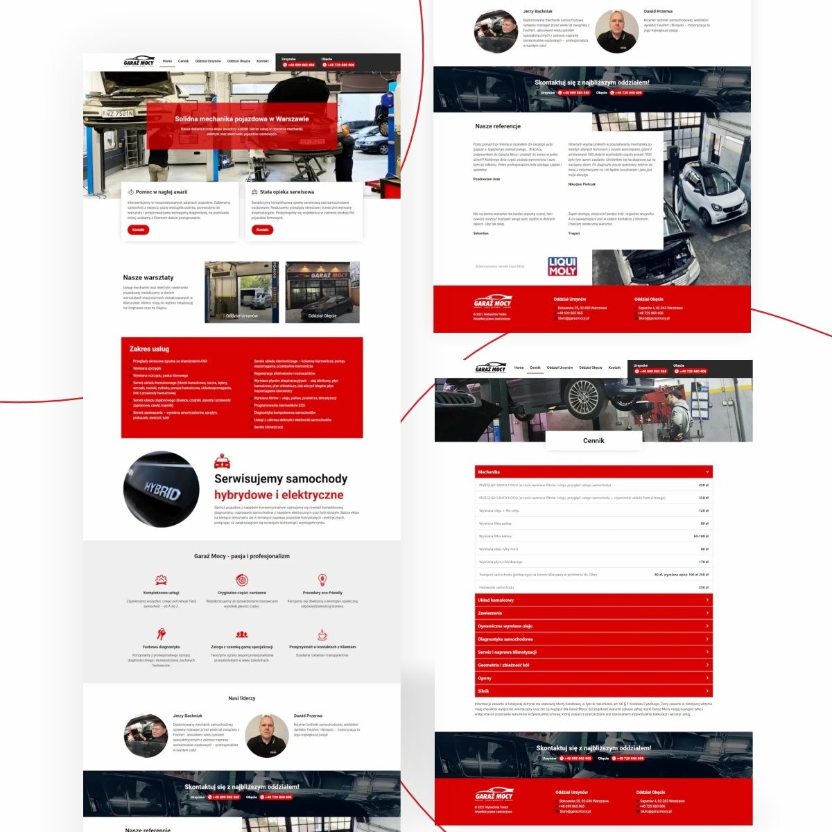 Projekt strony internetowej warsztatu samochodowego z Ryk, prezentujący mechanikę pojazdową, naprawę hybryd i elektryków, z cennikiem usług i danymi kontaktowymi, w kolorystyce czerwono-biało-czarnej.