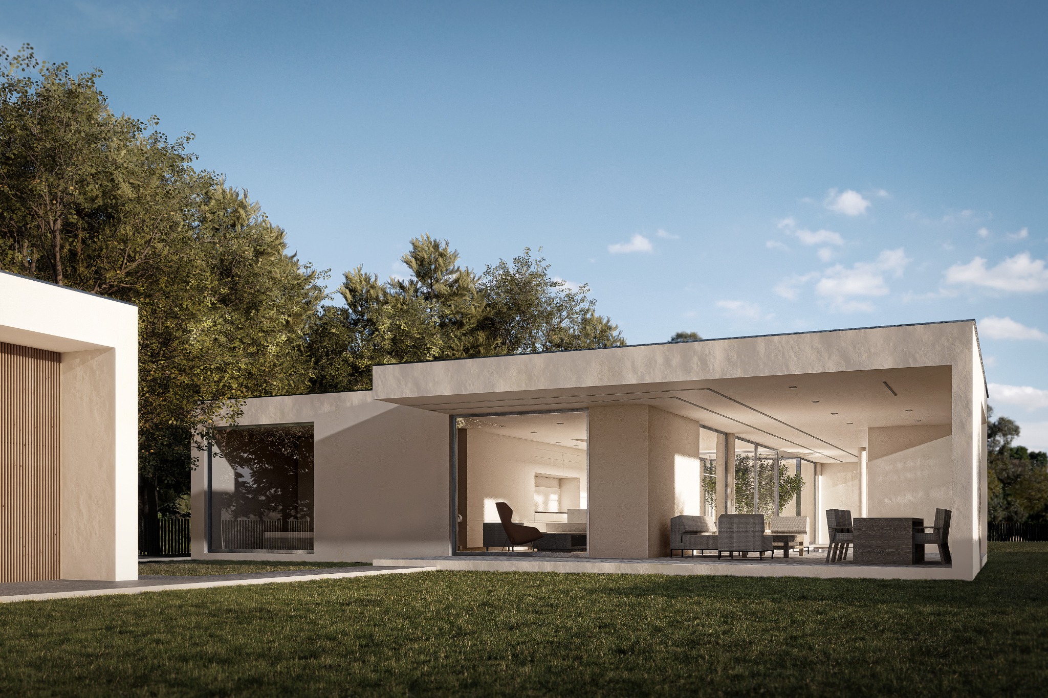 Nowoczesny dom jednorodzinny z płaskim dachem, dużymi przeszkleniami i tarasem z meblami ogrodowymi, otoczony zielonym trawnikiem i drzewami.