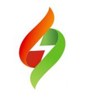 Abstrakcyjny, stylizowany symbol: płomień w odcieniach czerwieni i pomarańczy przeplatający się z zielonym liściem. W centrum biały symbol błyskawicy.