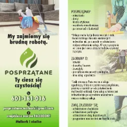 Ulotka reklamowa firmy sprzątającej: wiadro z środkami czystości i mopem na tle salonu, hasło 'My zajmiemy się brudną robotą', dane kontaktowe i zakres usług.