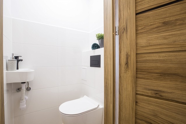 Nowoczesna, mała toaleta z białą ceramiką, czarną armaturą i drewnianymi drzwiami. Na półce roślina w doniczce i zwinięty ręcznik.