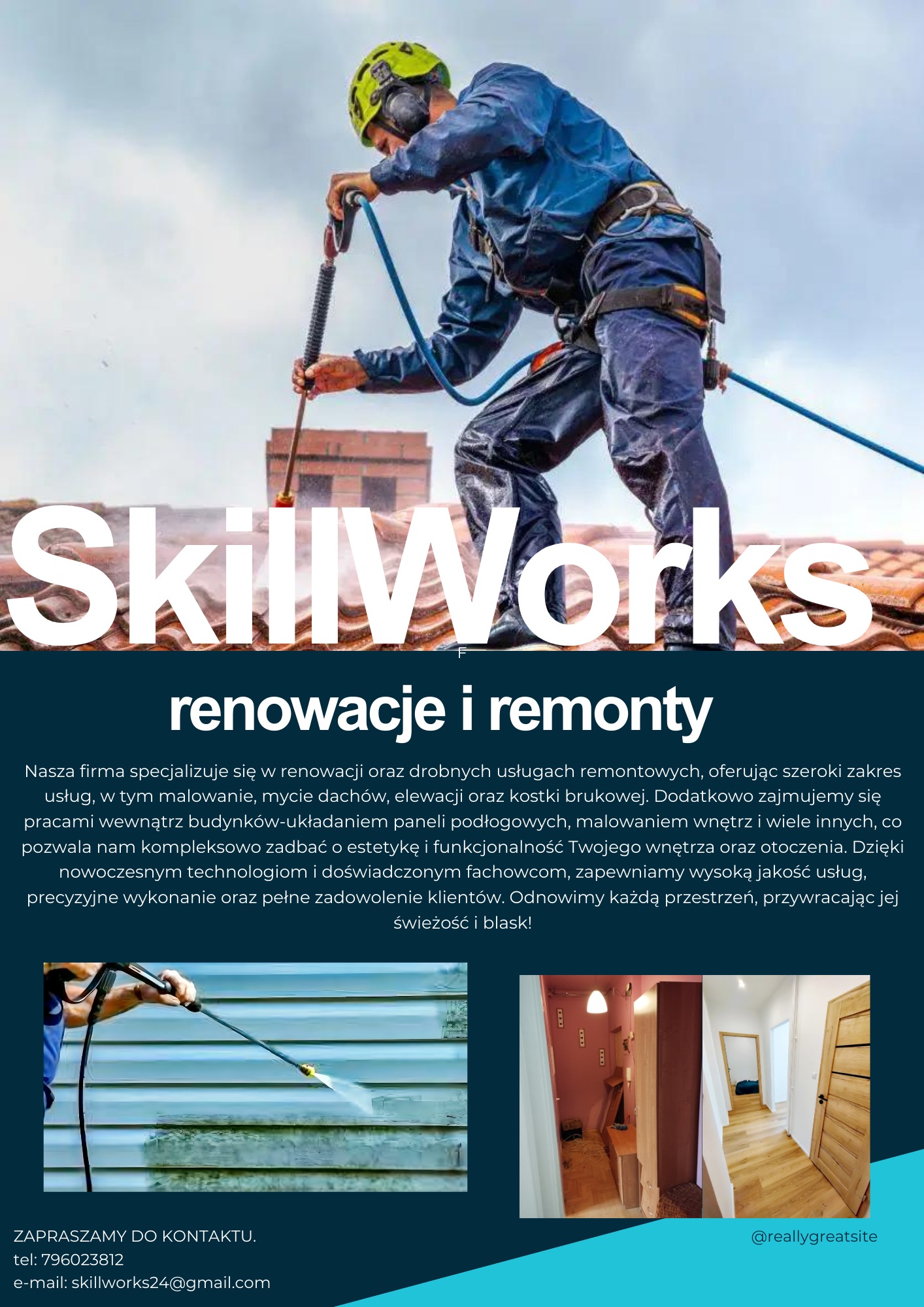 Pracownik w kasku i uprzęży myje dach z czerwonej dachówki za pomocą myjki ciśnieniowej, w tle widoczny budynek z cegły.