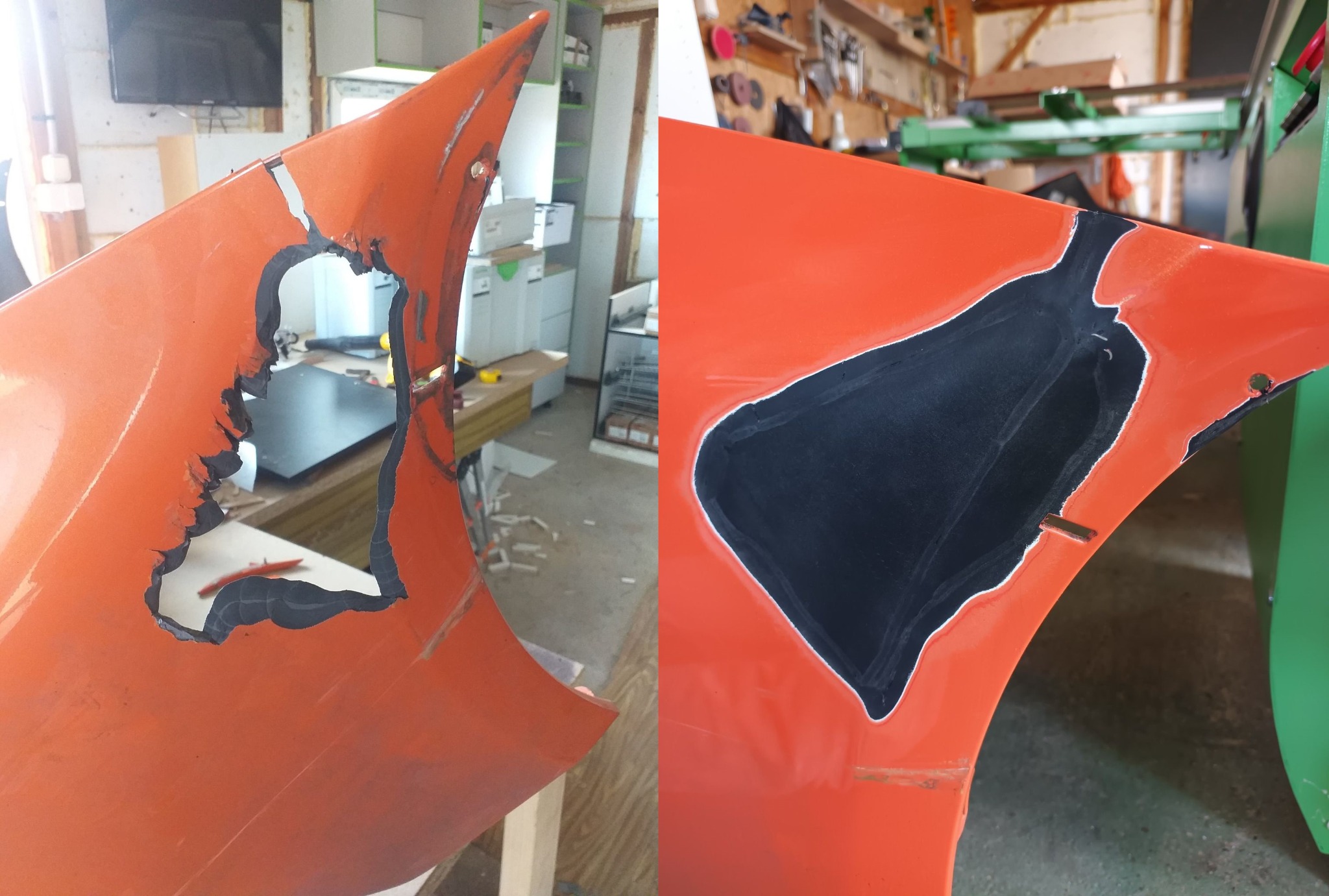 Pomarańczowy element karoserii z widocznym uszkodzeniem i fragmentem procesu naprawy, z czarnym wypełnieniem ubytku.