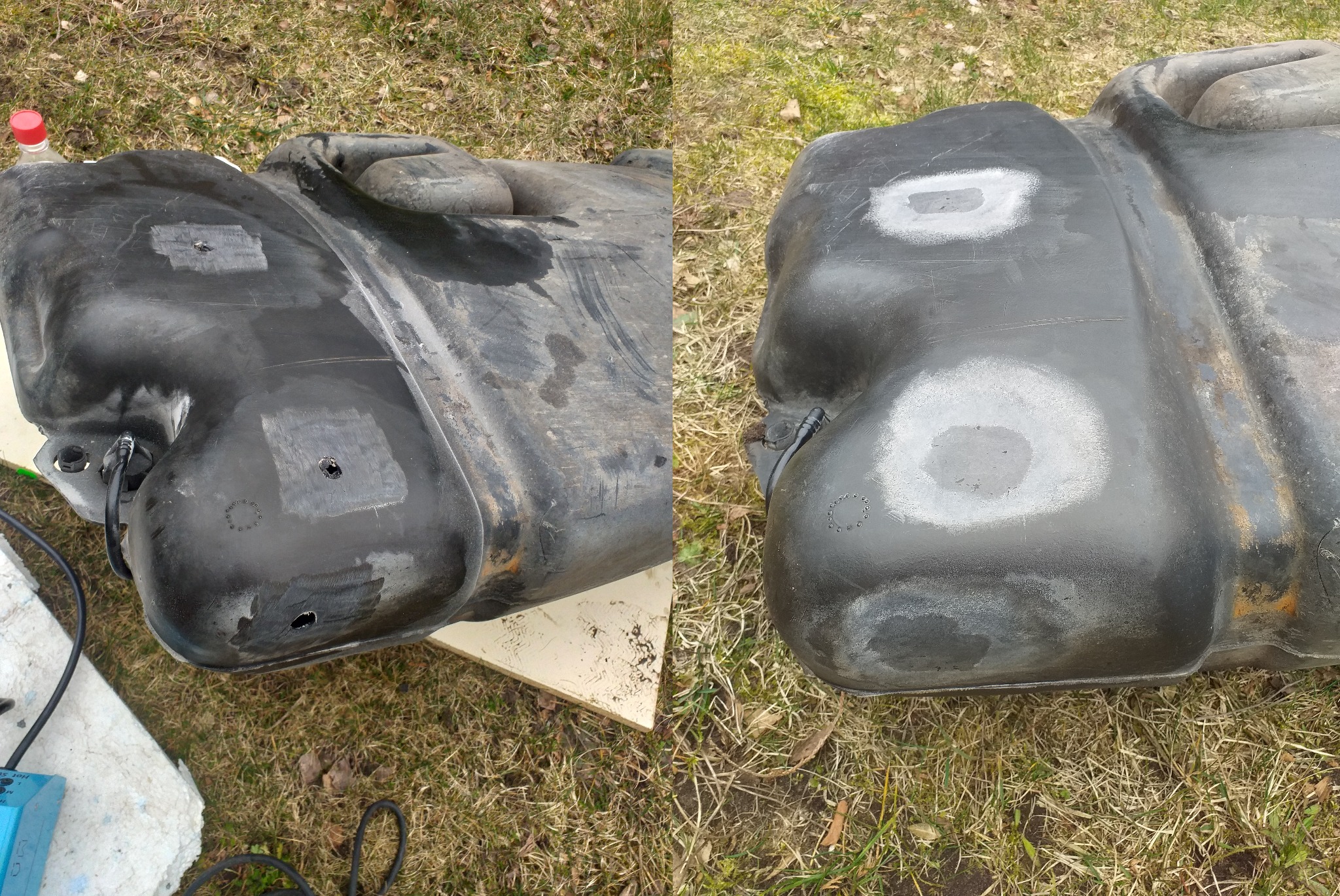 Dwa ujęcia czarnego, plastikowego zbiornika paliwa z widocznymi śladami napraw: załatane dziury i obszary przygotowane pod lakierowanie, leżącego na trawie.