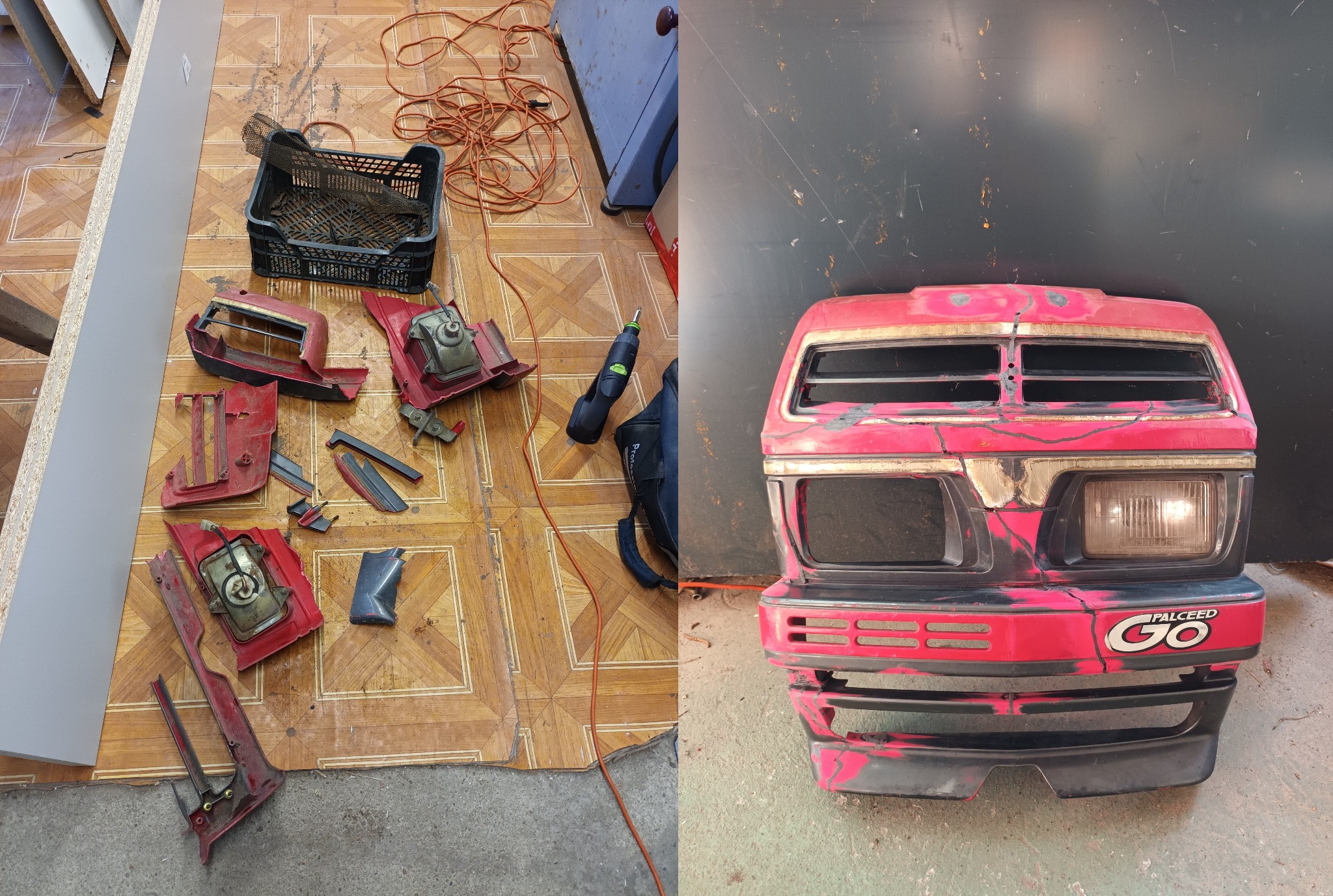 Rozłożone elementy karoserii samochodu, w tym reflektory i fragmenty zderzaka z napisem 'PALCEED GO', obok narzędzi i akcesoriów na wzorzystej podłodze.