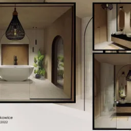 Wizualizacja nowoczesnej łazienki w Chełmie z wolnostojącą wanną, roślinami doniczkowymi i lampą wiszącą w stylu boho, prezentowana w formie kolażu z r&oacute;żnymi ujęciami.