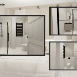 Wizualizacja łazienki w jasnych barwach, z czarnymi akcentami, prezentowana w formie kolażu trzech ujęć na tle łóżka i informacji 'Mieszkanie Zamienie Warszawa 2022, Praca Nr 5'.