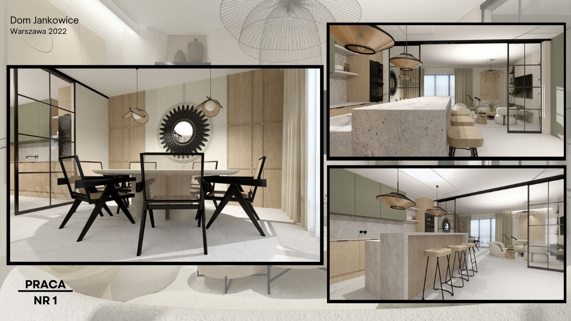 Wizualizacja wnętrza domu w stylu minimalistycznym, z otwartą kuchnią, jadalnią i salonem, oddzielonymi szklanymi przesuwnymi drzwiami. Elementy dekoracyjne takie jak lampy i lustro nadają...