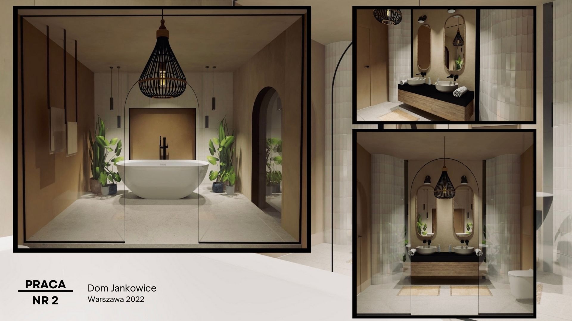 Wizualizacja nowoczesnej łazienki w Chełmie z wolnostojącą wanną, roślinami doniczkowymi i lampą wiszącą w stylu boho, prezentowana w formie kolażu z różnymi ujęciami.