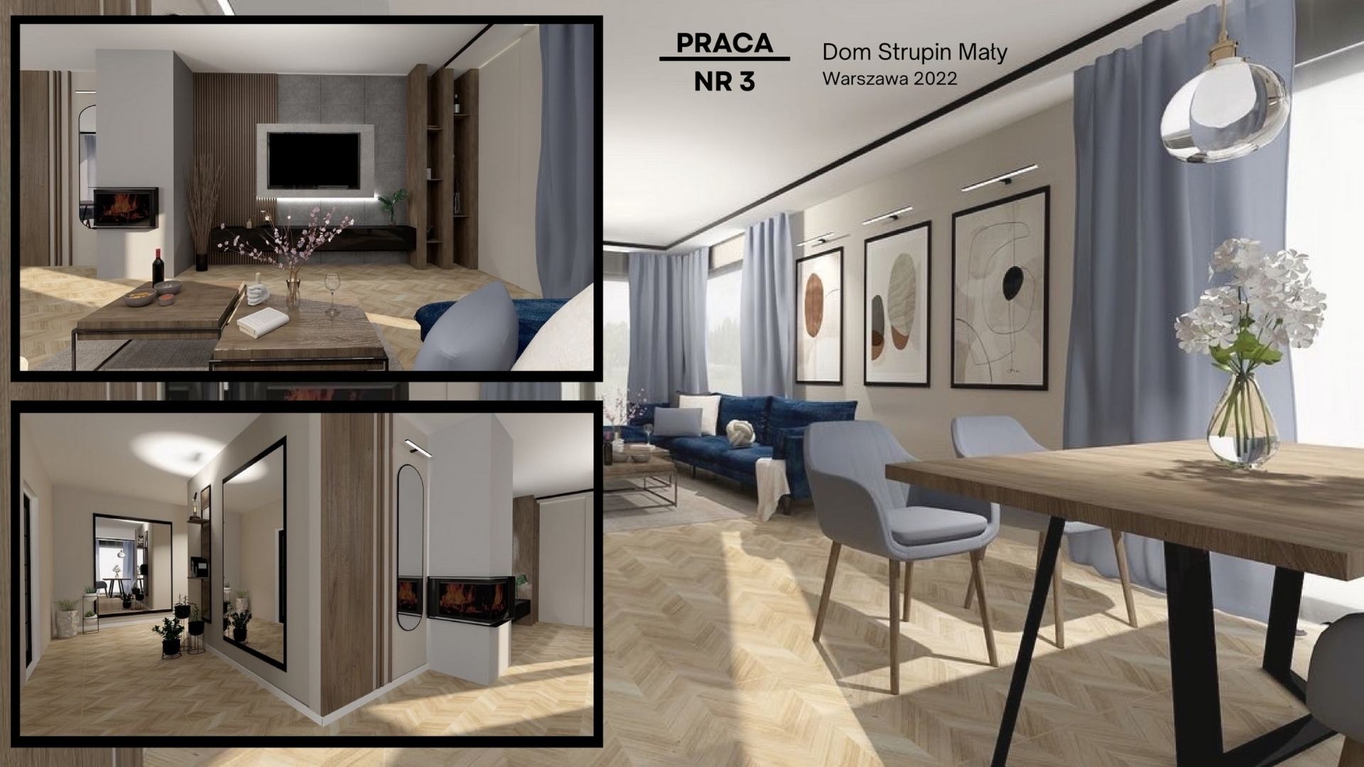 Wizualizacja salonu z kominkiem, niebieską sofą i drewnianym stołem jadalnianym, parkiet ułożony w jodełkę, minimalistyczne obrazy na ścianie, ujęcie z różnych perspektyw.