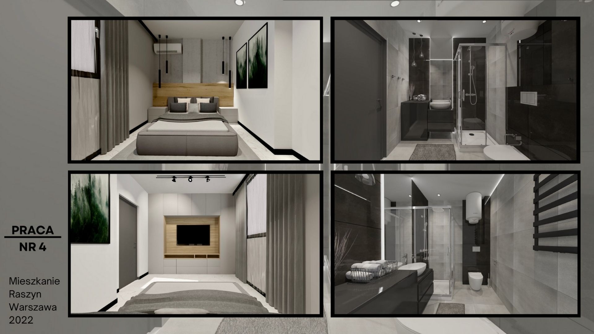 Wizualizacja aranżacji mieszkania obejmująca sypialnię z drewnianym zagłówkiem i łazienkę z kabiną prysznicową, utrzymane w szarościach i bieli.