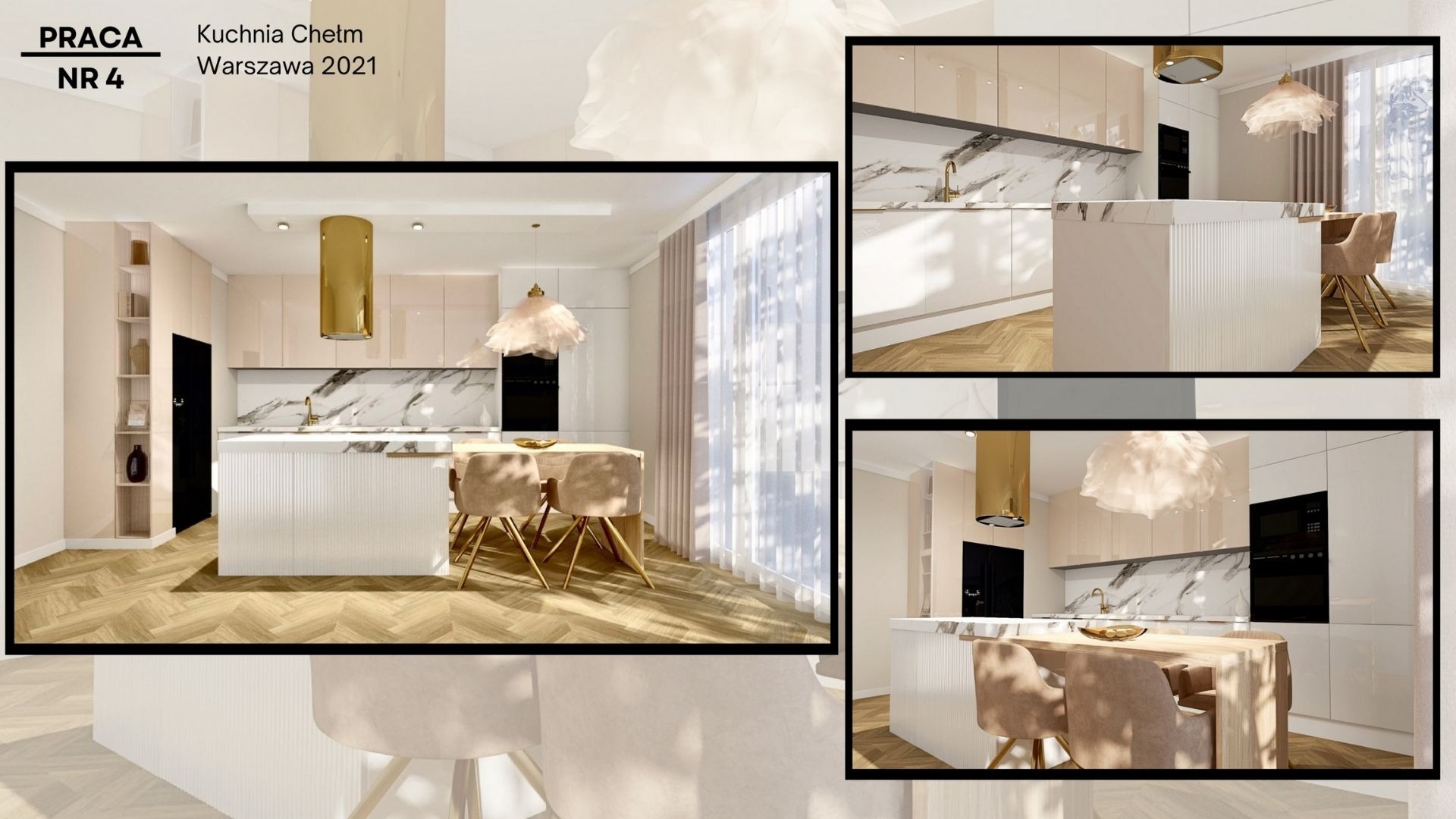 Wizualizacja kuchni w beżach i bieli, z wyspą z marmurowym blatem, złotym okapem i parkietem ułożonym w jodełkę. Widoczne trzy ujęcia pod różnymi kątami.