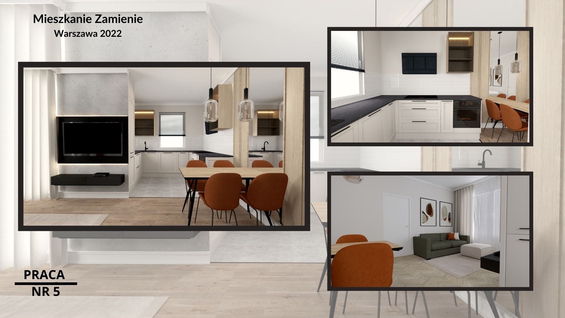 Wizualizacja wnętrza mieszkania: salon z telewizorem, jadalnia z pomarańczowymi krzesłami i kuchnia z białymi szafkami pod czarnym blatem, prezentowana w formie kolażu z czarnymi ramkami.