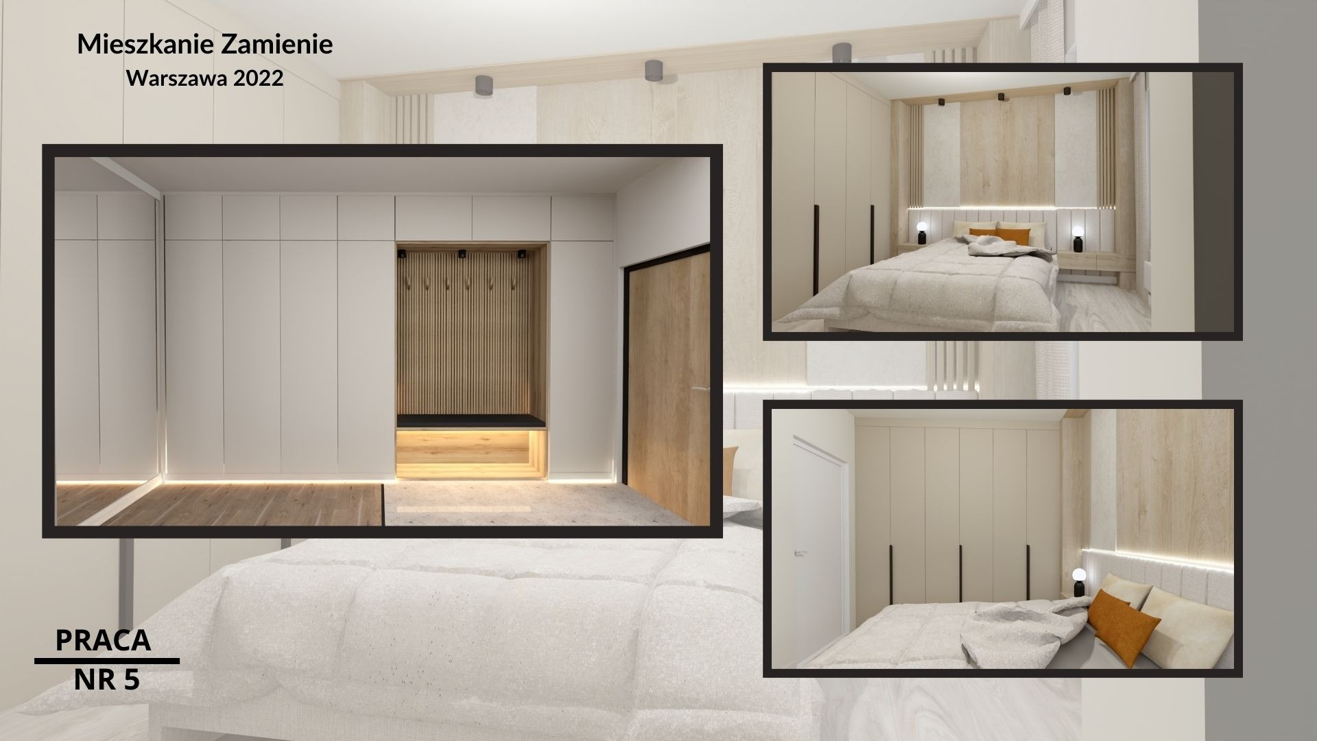 Wizualizacja wnętrza mieszkania: szafa wnękowa z siedziskiem i wieszakami w przedpokoju, oraz sypialnia z beżowymi szafami i łóżkiem z oświetleniem