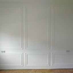 Sna Bud - Biała ściana z dekoracyjnymi panelami ściennymi i gniazdkami elektrycznymi, parkiet na podłodze.