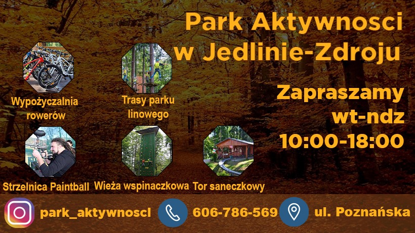 Plakat reklamowy parku aktywności w Jedlinie-Zdroju, prezentujący wypożyczalnię rowerów, trasy linowe, strzelnicę paintball, wieżę wspinaczkową i tor saneczkowy na tle jesiennych liści.