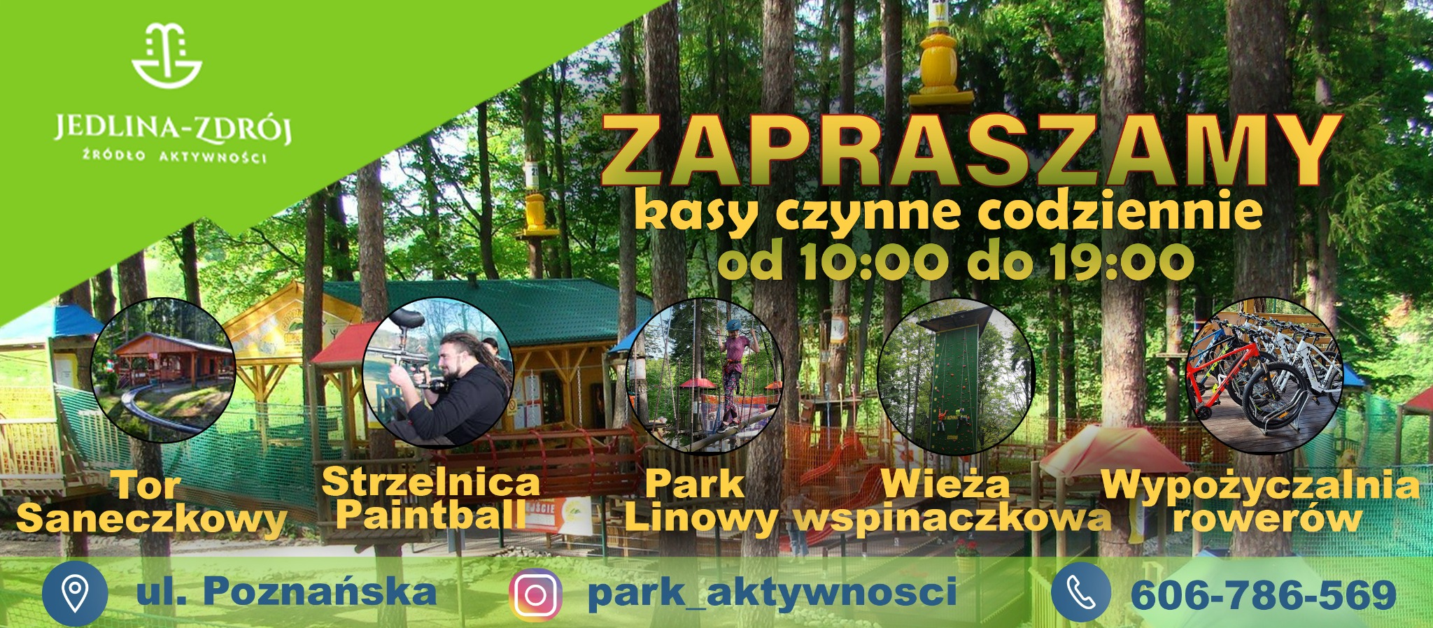 Plakat reklamowy parku rozrywki Jedlina-Zdrój z atrakcjami: tor saneczkowy, strzelnica paintball, park linowy, wieża wspinaczkowa i wypożyczalnia rowerów.