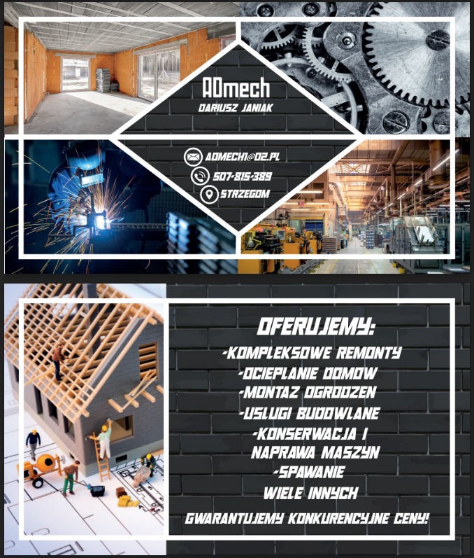 Wizytówka firmy budowlano-remontowej ADmech z ofertą kompleksowych remontów, ocieplania domów, montażu ogrodzeń, usług budowlanych, konserwacji i naprawy maszyn, spawania; w tle zdjęcia z budowy...