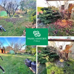Montaż czterech kadrów: trawnik przed i po sprzątaniu liści, dmuchawa do liści, worki zgrabionych liści, logo firmy Pawel Kwiecien F.H.U.