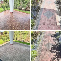 Cztery ujęcia kostki brukowej przed i po czyszczeniu, z wyraźną różnicą w kolorze i czystości, otoczonej zielenią i kwiatami.