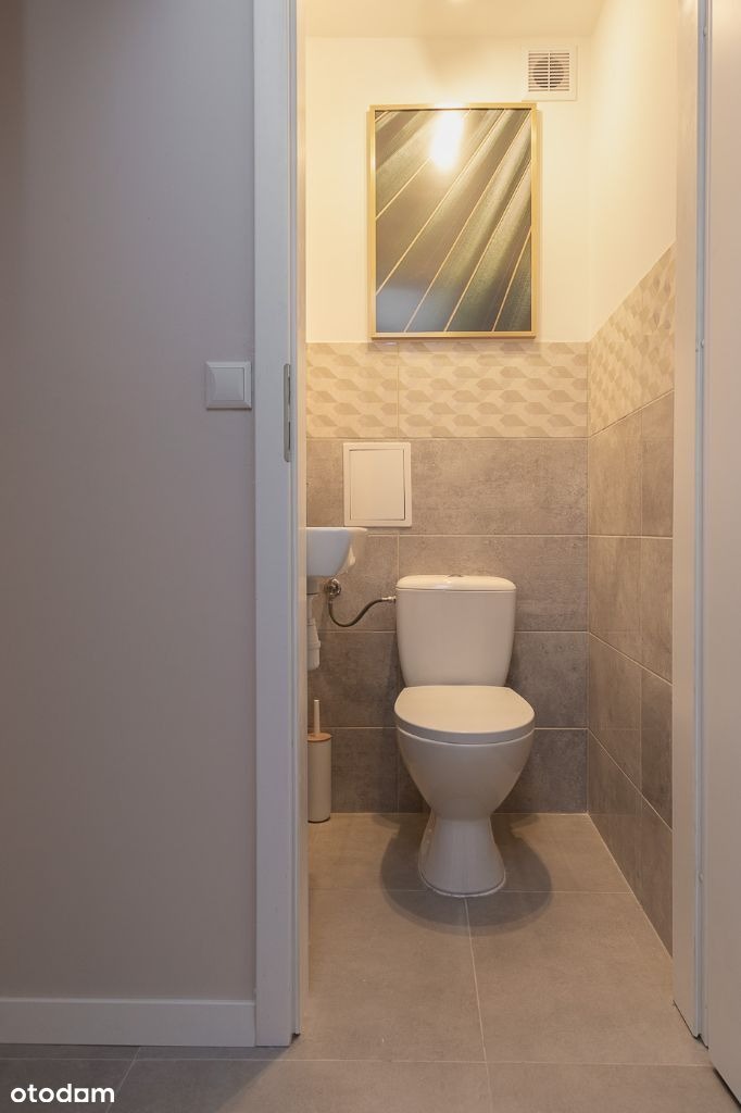 Wnętrze małej toalety w szaro-białej kolorystyce z wiszącą muszlą klozetową, umywalką narożną i obrazem na ścianie, widoczne zza uchylonych drzwi.