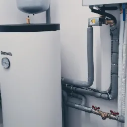 Biały zasobnik ciepłej wody użytkowej Kospel z manometrem, orurowaniem z zaworami i naczyniem przeponowym w kotłowni, obok widać biały piec z panelem sterowania Midea.