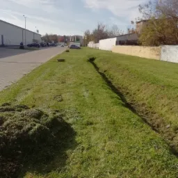 Świeżo skoszona trawa wzdłuż drogi i rowu odwadniającego, z widocznymi stertami skoszonej trawy i fragmentem kosiarki żyłkowej w dolnym rogu, w tle budynki przemysłowe i zaparkowane samochody.