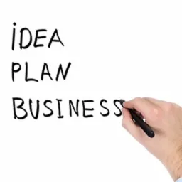 Ręka pisząca słowo 'BUSINESS' na liście kontrolnej z polami wyboru obok słów 'IDEA' i 'PLAN' na białym tle.