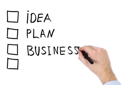 Ręka pisząca słowo 'BUSINESS' na liście kontrolnej z polami wyboru obok słów 'IDEA' i 'PLAN' na białym tle.