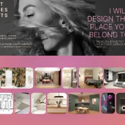 Portfolio projektanta wnętrz: kolaż z wizualizacjami aranżacji, planami i detalami wykończenia, nad którymi znajduje się portret kobiety i hasło 'I will design the place you belong to'.