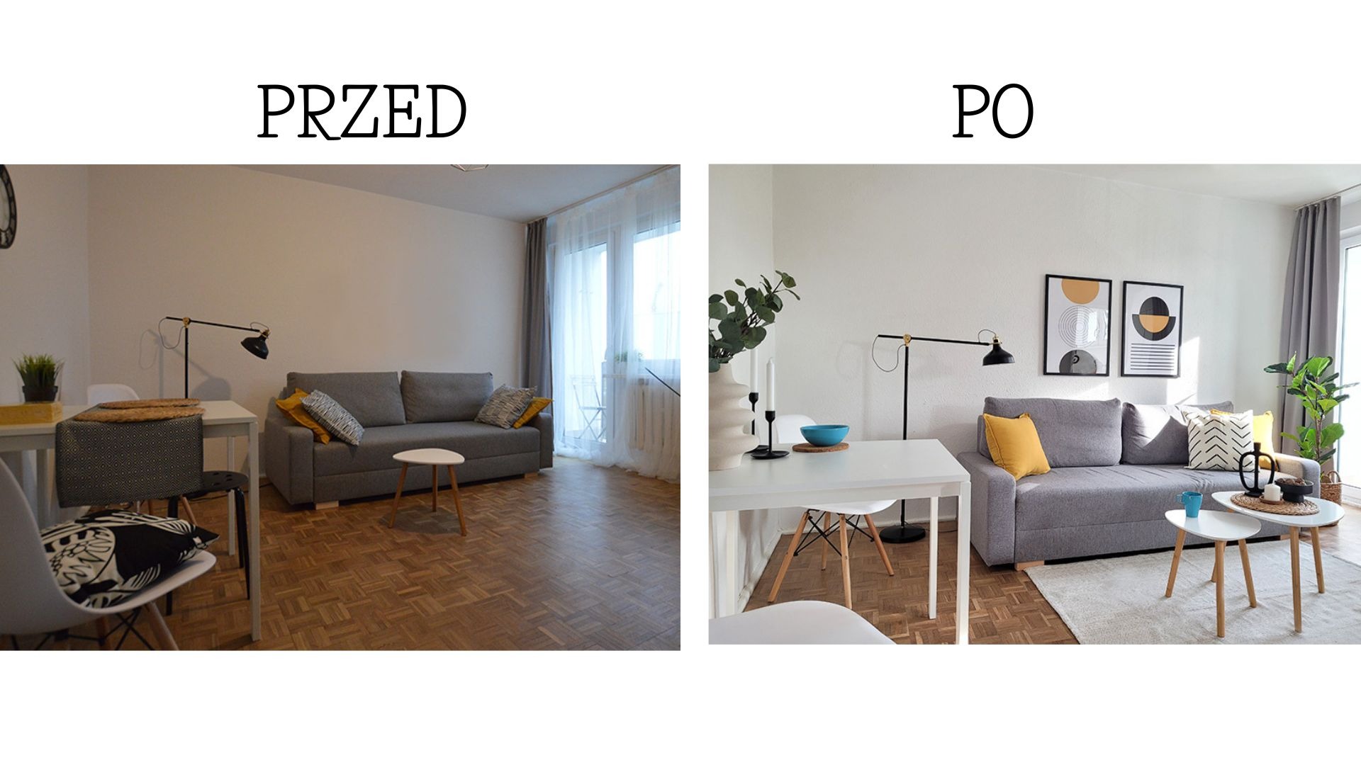 Porównanie salonu przed i po: po lewej stronie pokój z szarą sofą i drewnianą podłogą, po prawej stronie ta sama przestrzeń po odświeżeniu z dywanem, dekoracjami i roślinami doniczkowymi.