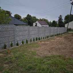 JUL - KOP SEBASTIAN POŻOGA - Długie, szare ogrodzenie panelowe z betonowych płyt o wzorze cegły, z rzędem małych tui i lampkami gruntowymi w Bolszewie. W tle domy i drzewa.