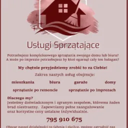 Grafika reklamowa firmy sprzątającej z logo D&W, stylizowanym rysunkiem domu i hasłem 'Usługi Sprzątające'.