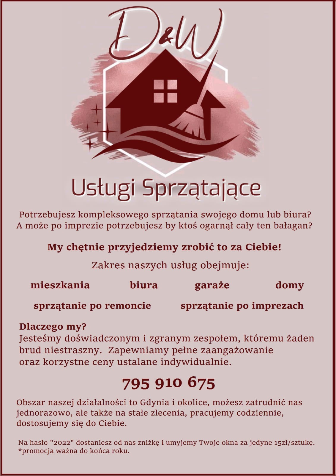 Grafika reklamowa firmy sprzątającej z logo D&W, stylizowanym rysunkiem domu i hasłem 'Usługi Sprzątające'.