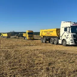 Żółte ciężarówki z naczepami firmy Bednarz na polu po żniwach, widoczne numery telefonów na naczepach, błękitne niebo.