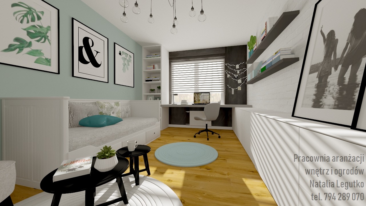 Wizualizacja pokoju młodzieżowego z łóżkiem z szufladami, biurkiem pod oknem, białymi meblami i dekoracjami ściennymi w postaci obrazów w czarnych ramkach.