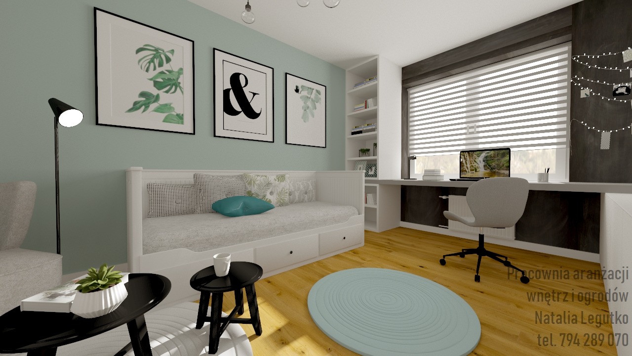 Wizualizacja pokoju z łóżkiem dziennym, biurkiem przy oknie i okrągłym dywanem w odcieniach błękitu, uzupełniona o czarne stoliki i grafiki na ścianie.