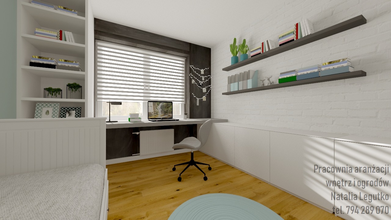 Wizualizacja pokoju z biurkiem przy oknie z żaluzjami, minimalistyczne półki z dekoracjami na ceglanej ścianie, białe szafki wzdłuż ściany, drewniana podłoga i jasnoniebieski dywan.