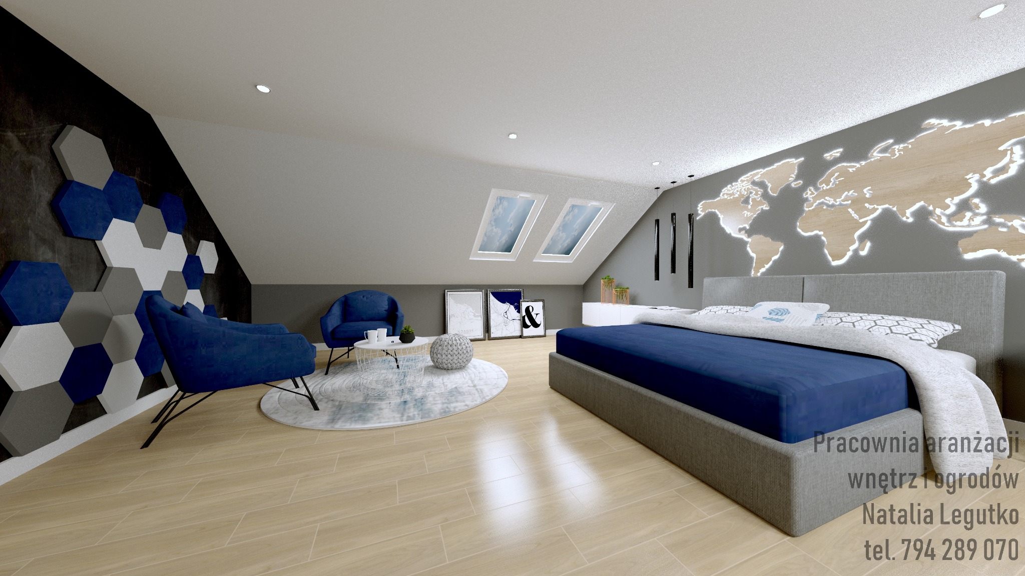 Wizualizacja sypialni na poddaszu z drewnianą mapą świata podświetloną LED, granatowe fotele klubowe i heksagonalne panele ścienne w odcieniach szarości i granatu.
