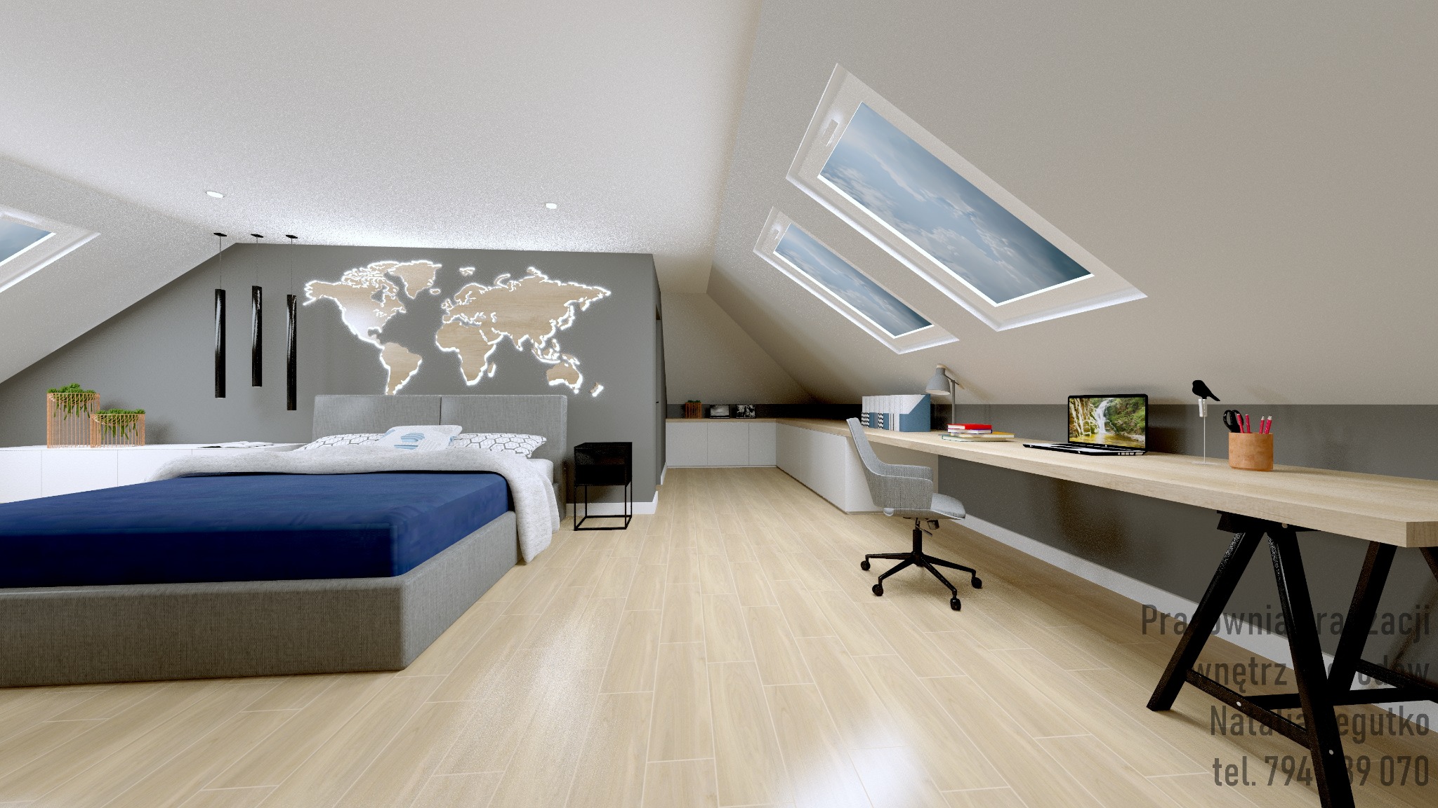 Pokój na poddaszu z łóżkiem, biurkiem pod oknami dachowymi i mapą świata na ścianie, oświetlony ciepłym światłem.