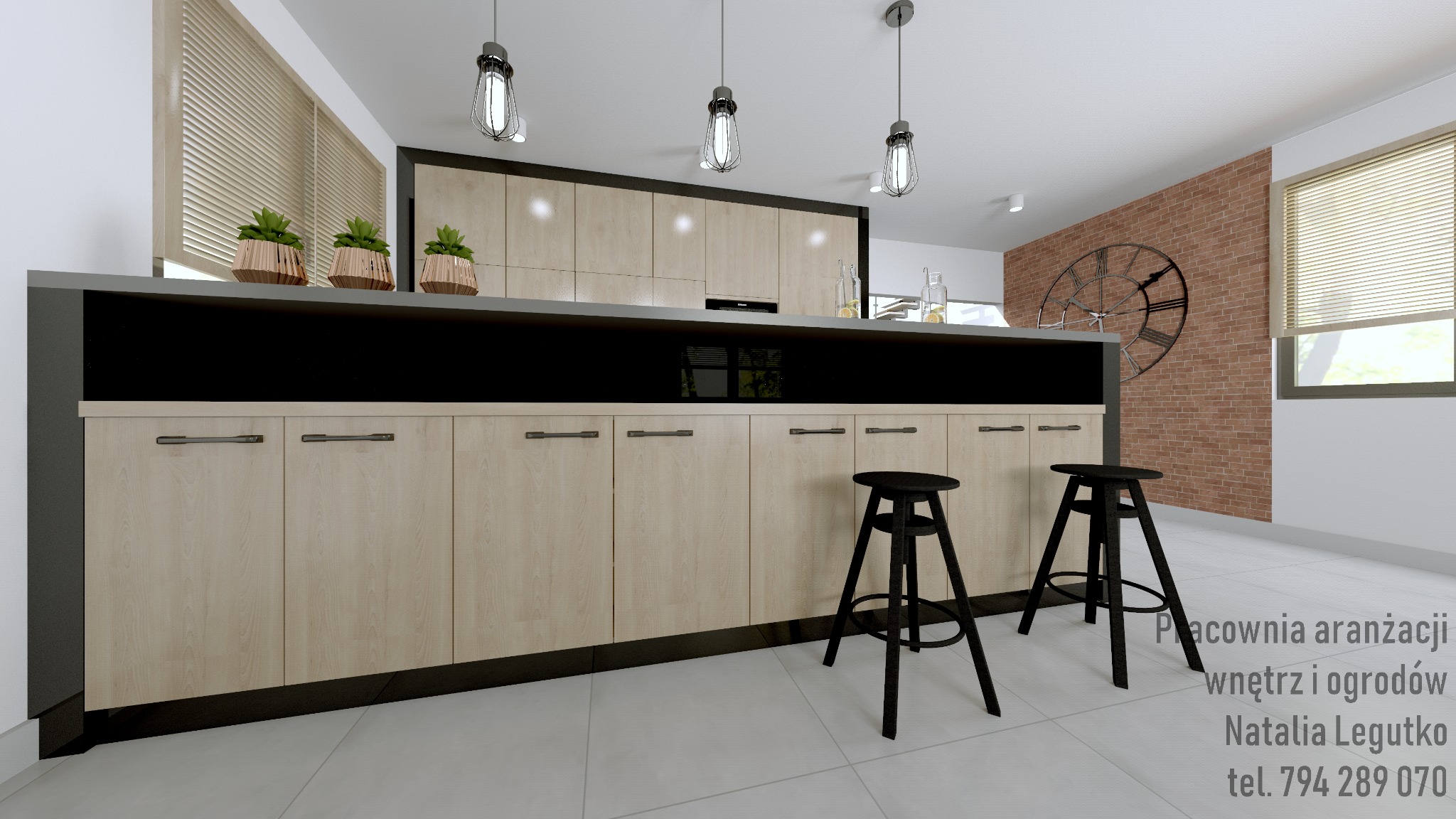 Wizualizacja blatu kuchennego z jasnymi szafkami, czarnym blatem i hokerami. Nad blatem wiszą trzy lampy w stylu industrialnym. W tle ściana z cegły z dużym zegarem i okno z żaluzjami.