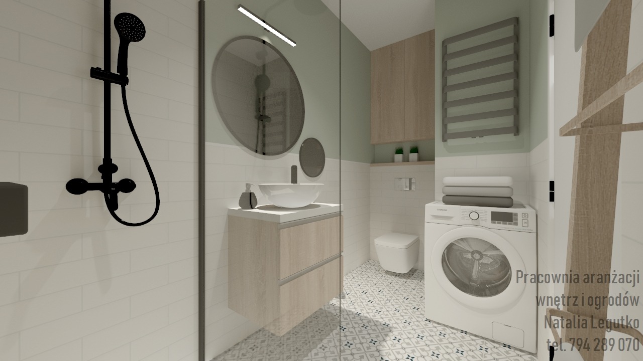 Wizualizacja nowoczesnej łazienki z czarną armaturą, okrągłym lustrem z podświetleniem LED, umywalką nablatową i pralką pod blatem, wykończona w bieli i jasnym drewnie.