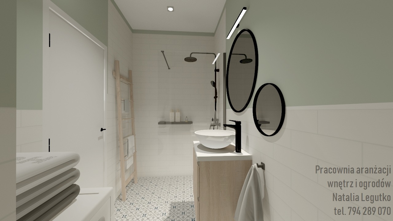 Wizualizacja łazienki z umywalką nablatową, czarną armaturą, owalnymi lustrami i dekoracyjną drabinką na ręczniki, utrzymana w jasnej kolorystyce z akcentami pastelowej zieleni.